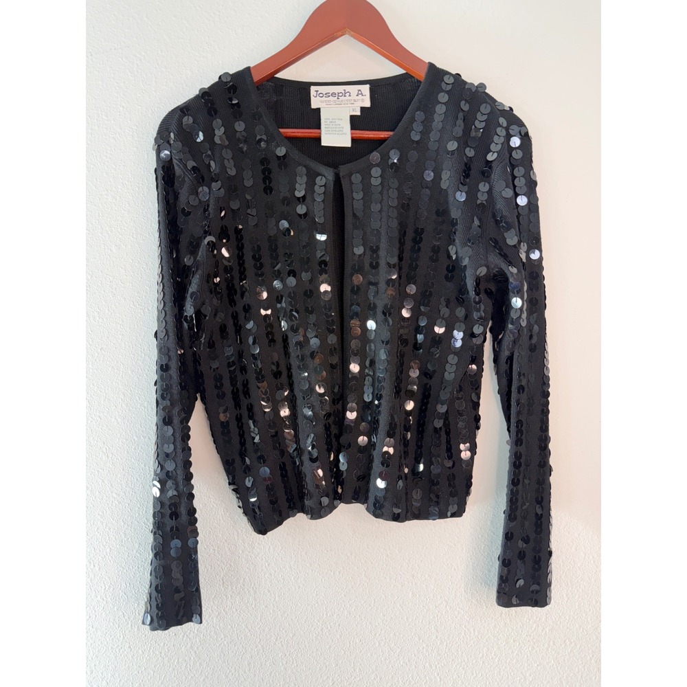 Vintage 90s Y2K Joseph A Black Piquette Sequin Silk Cardigan Holiday Glam XL